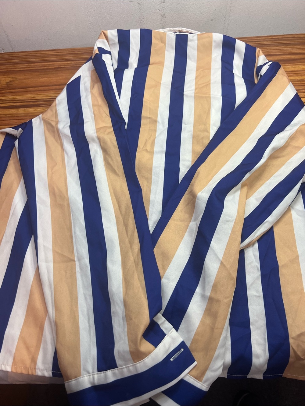 SHEIN Blue White Tan Vertical Stripe Button-Down Shirt